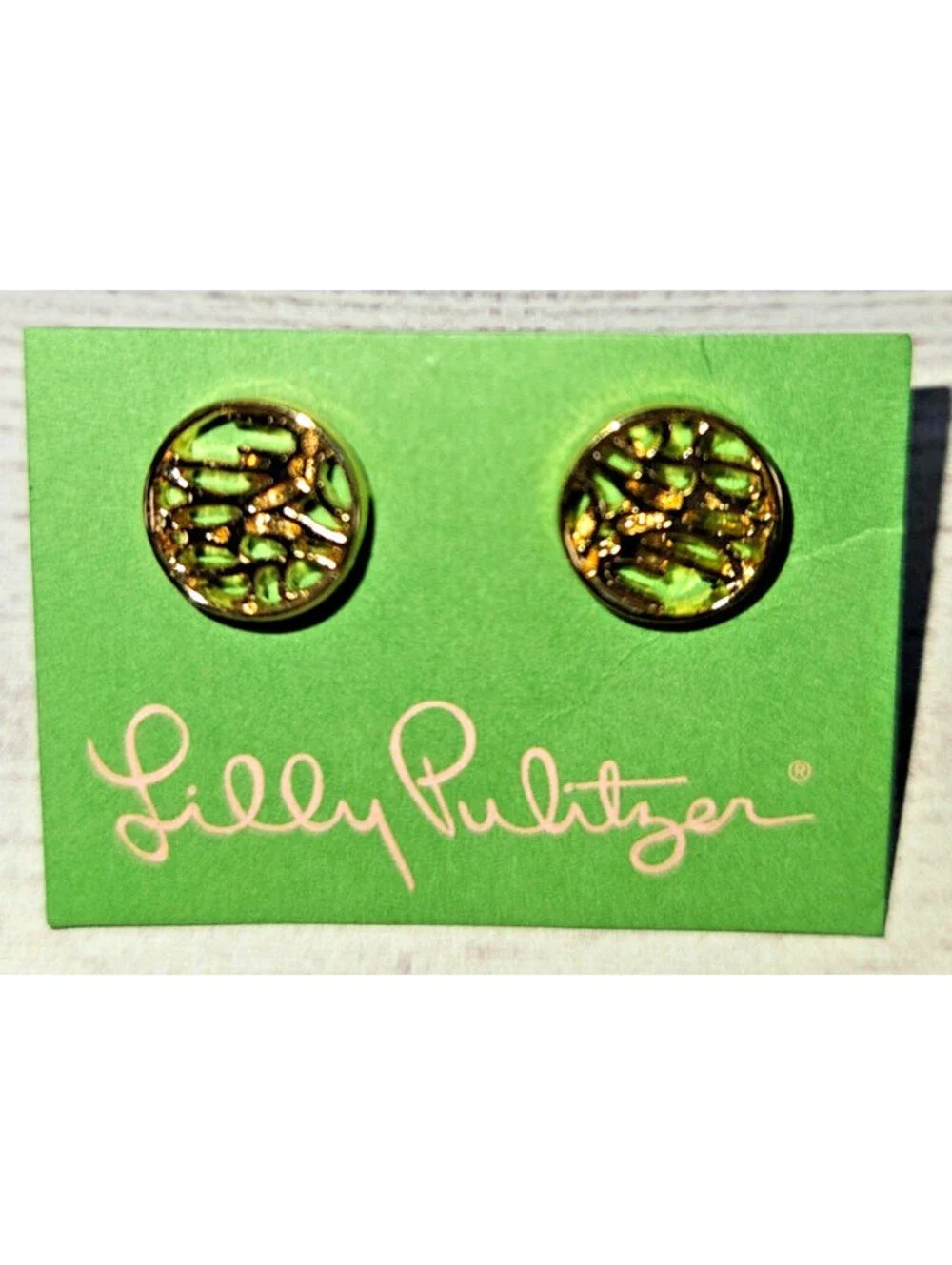 Lilly Pulitzer gold-tone circular stud earrings w/open cut-out filigree pattern